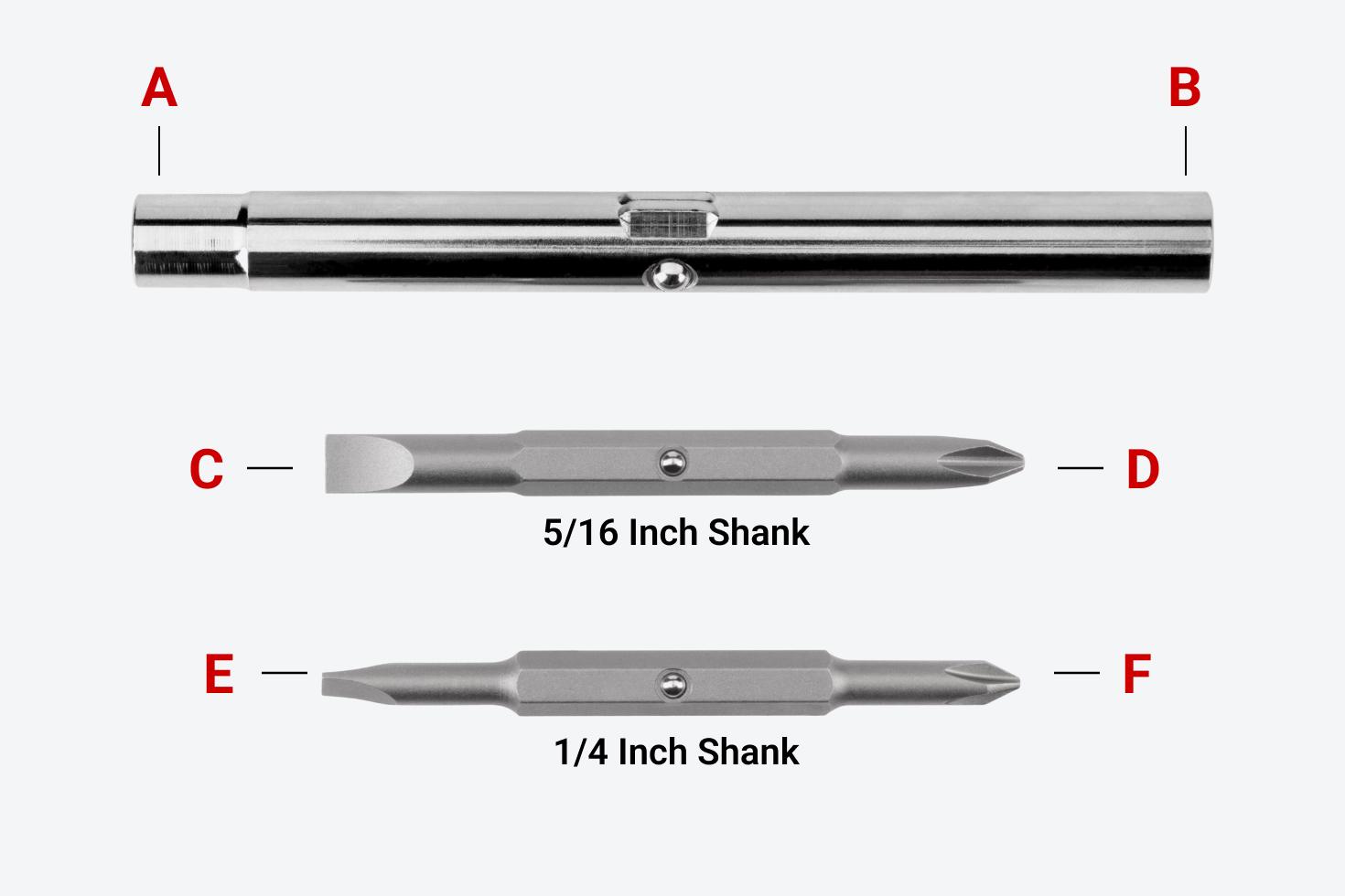 Two screwdriver bits and a nut driver bit tube with different parts labeled