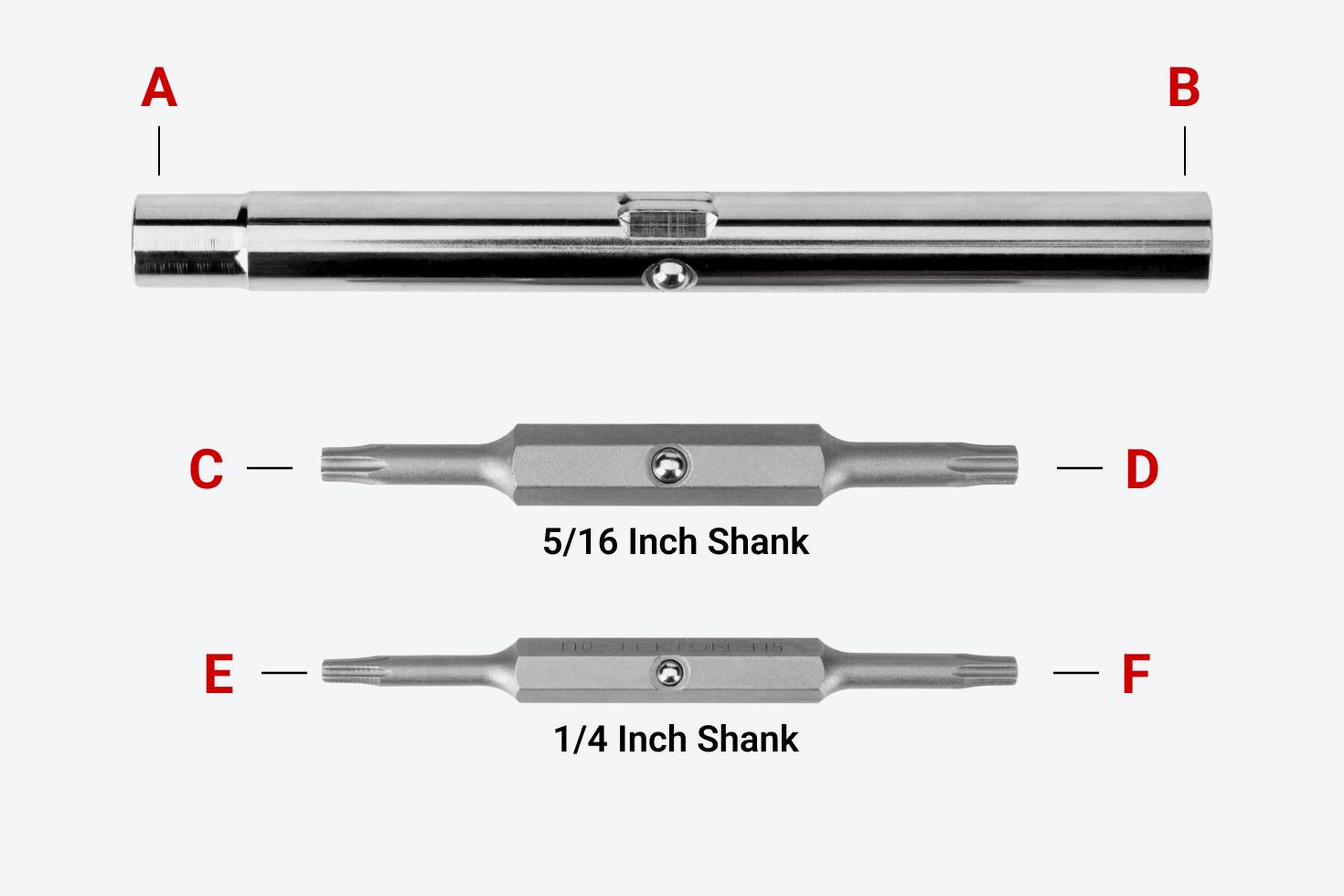 Two screwdriver bits and a nut driver bit tube with different parts labeled