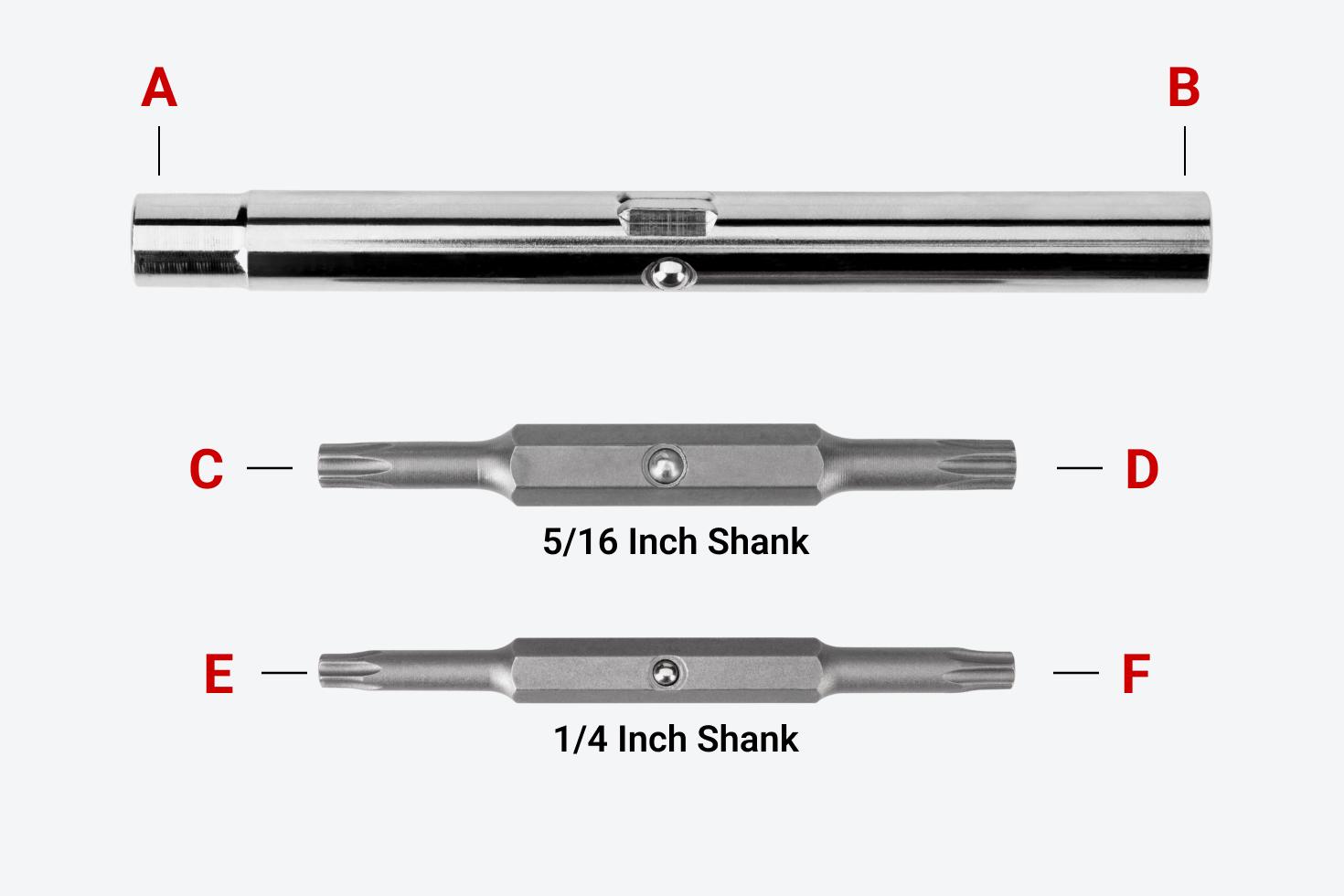 Two screwdriver bits and a nut driver bit tube with different parts labeled