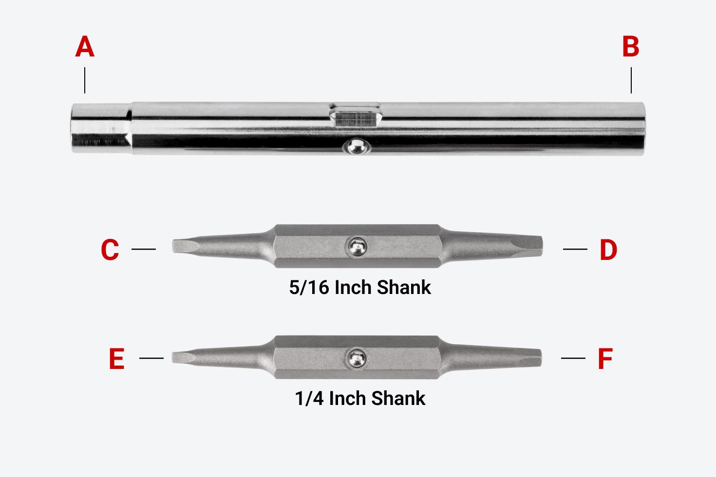 Two screwdriver bits and a nut driver bit tube with different parts labeled