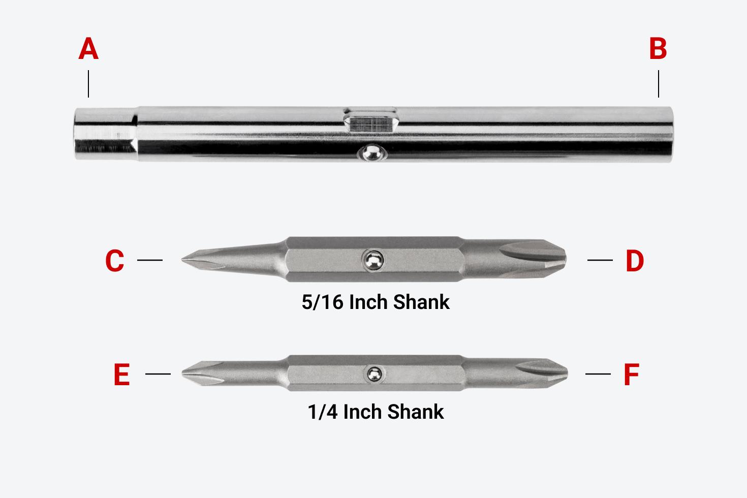Two screwdriver bits and a nut driver bit tube with different parts labeled
