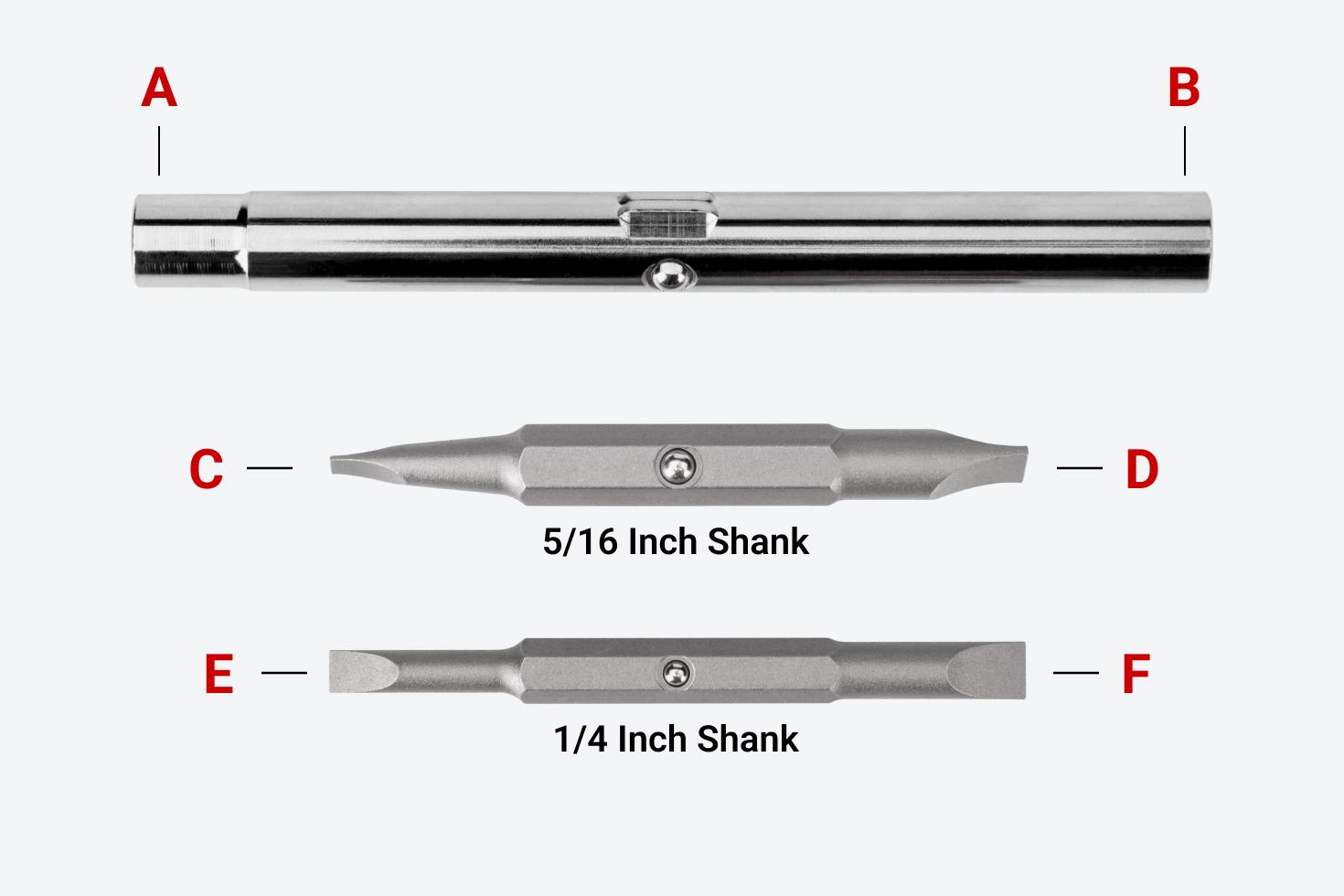 Two screwdriver bits and a nut driver bit tube with different parts labeled