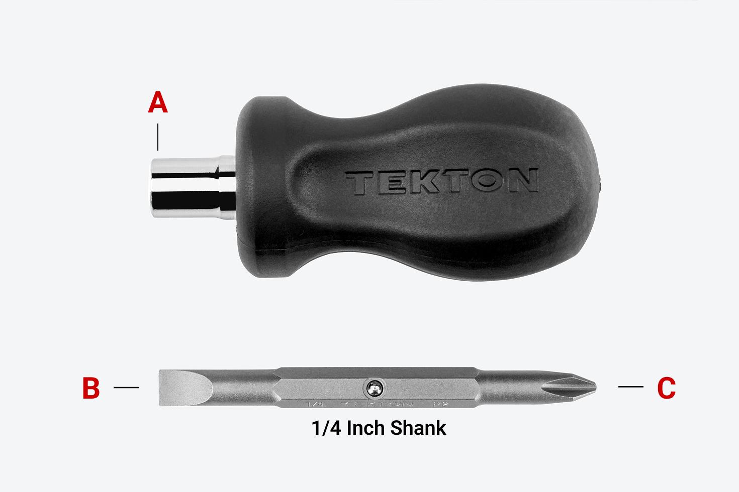 A black 3-in-1 stubby driver handle and screwdriver bit with different parts labeled