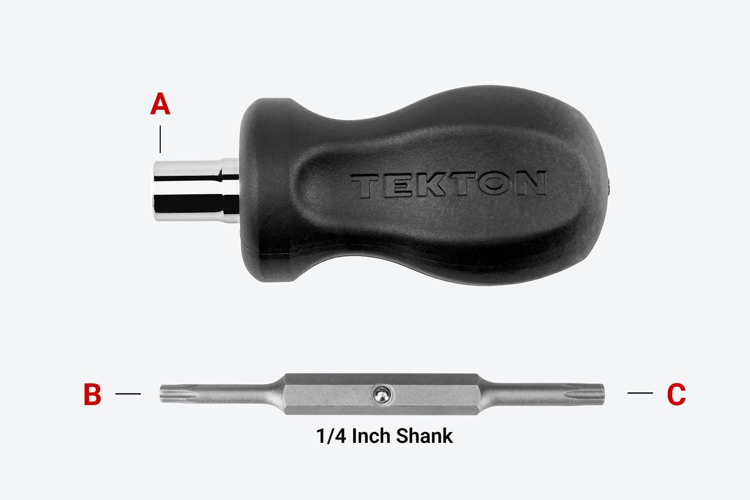 A black 3-in-1 stubby driver handle and screwdriver bit with different parts labeled