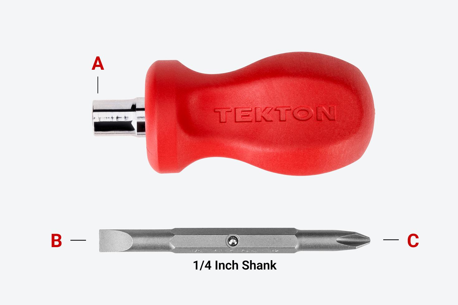 A red 3-in-1 stubby driver handle and screwdriver bit with different parts labeled