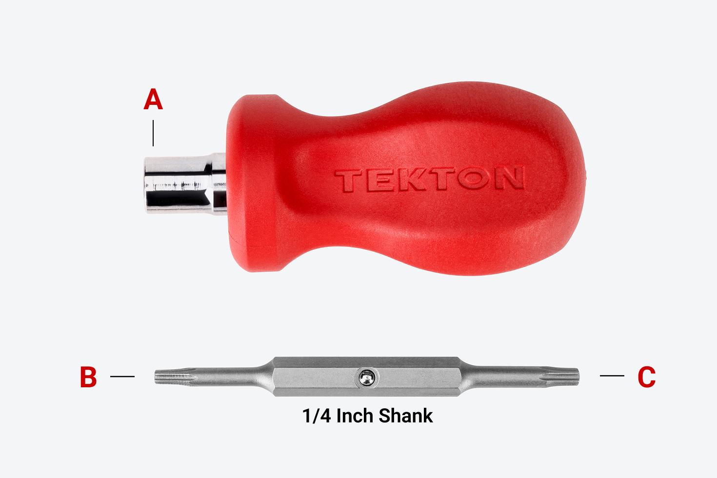 A red 3-in-1 stubby driver handle and screwdriver bit with different parts labeled