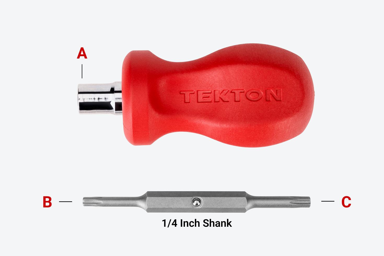 A red 3-in-1 stubby driver handle and screwdriver bit with different parts labeled