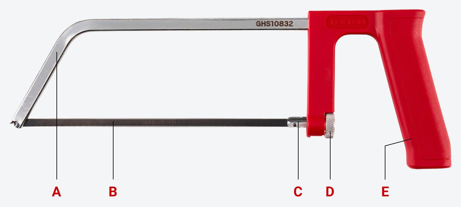A Tekton compact hacksaw with different parts labeled.