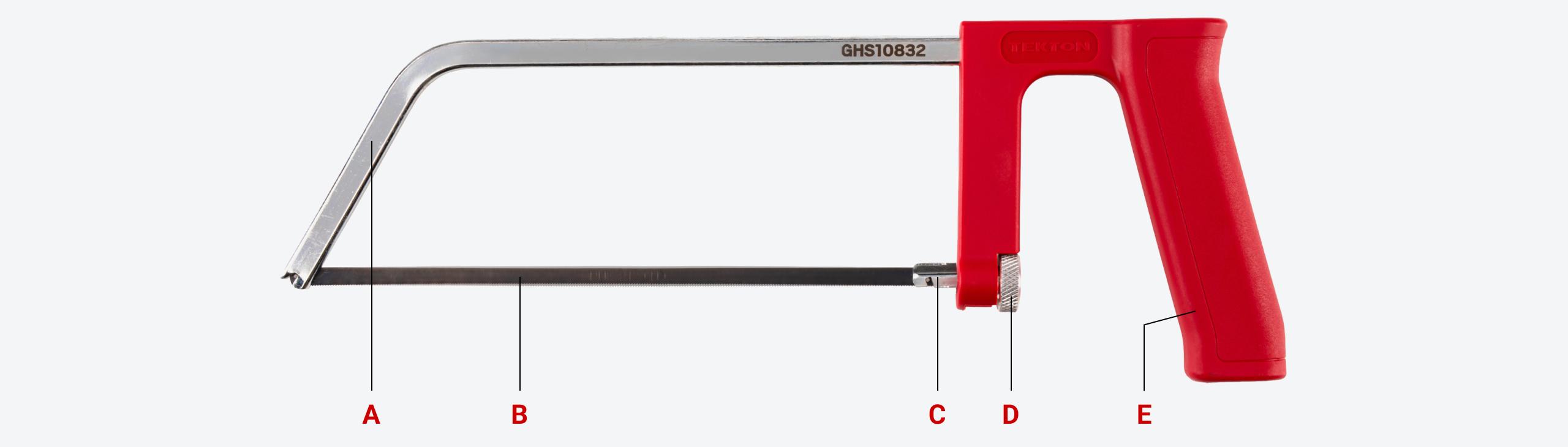 A Tekton compact hacksaw with different parts labeled.