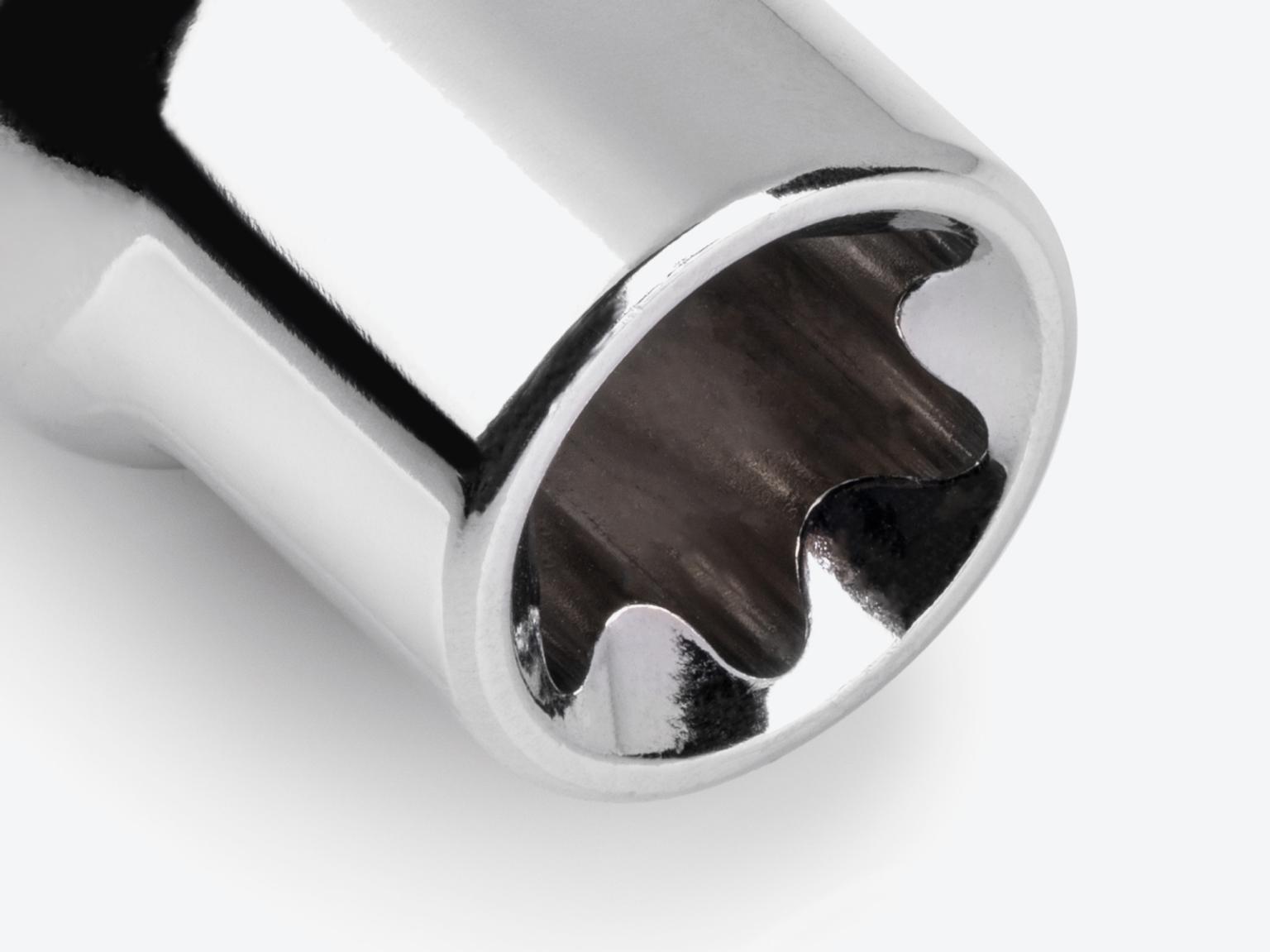Tekton 1/2 Inch Drive x E16 External Star Socket #SHD22416 at an angle, showing the inside of the socket.