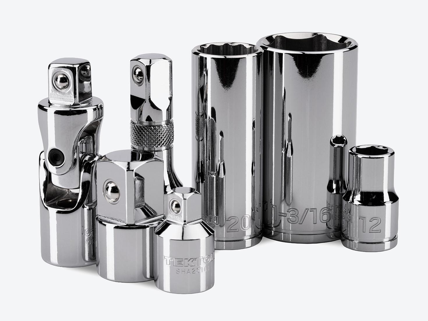Tekton 1/2 inch drive sockets and accessories on a light gray background.