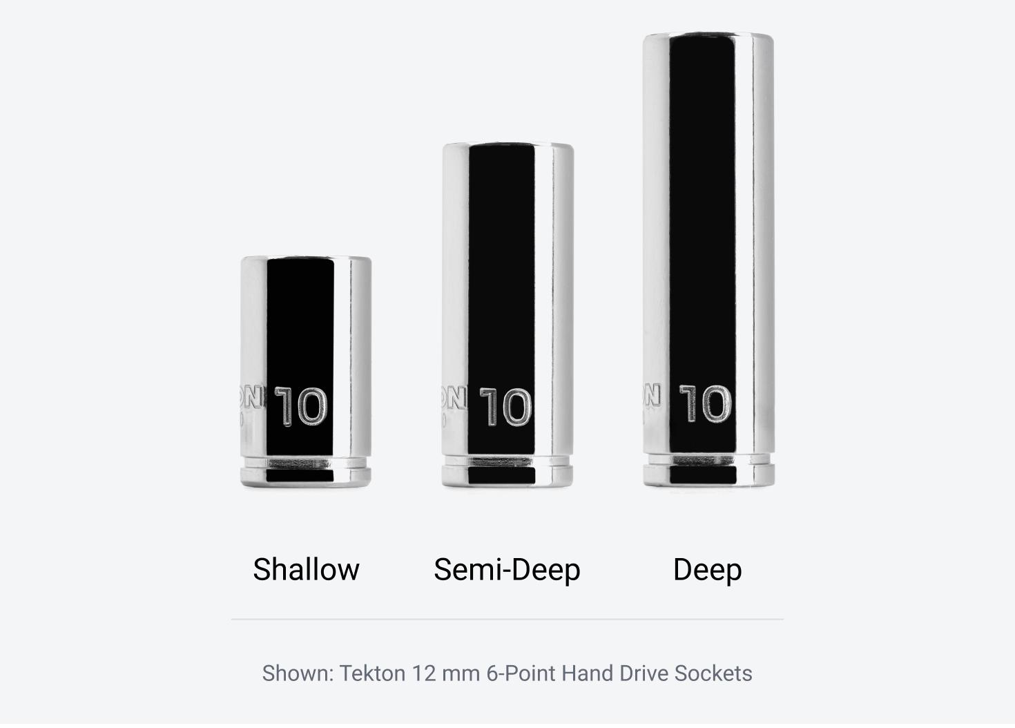 Graphic showing Tekton 10 mm 12-Point Hand Drive Sockets in shallow, semi-deep, and deep lengths