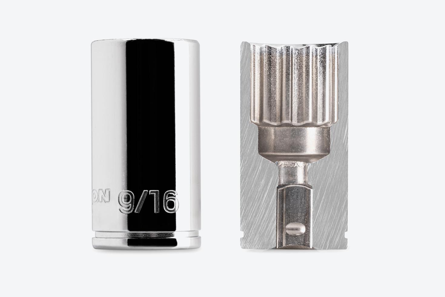 A 12-point semi-deep socket next to another socket that's cut in half, showing the exterior and interior finishes