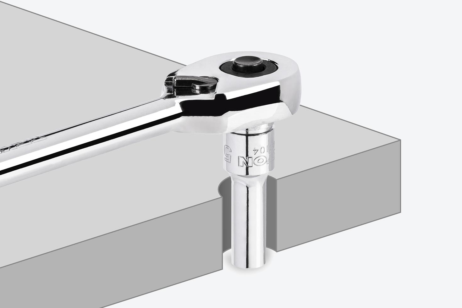 A semi-deep socket on a ratchet, with a graphic showing how the fully stepped shoulders help the socket reach into tight areas
