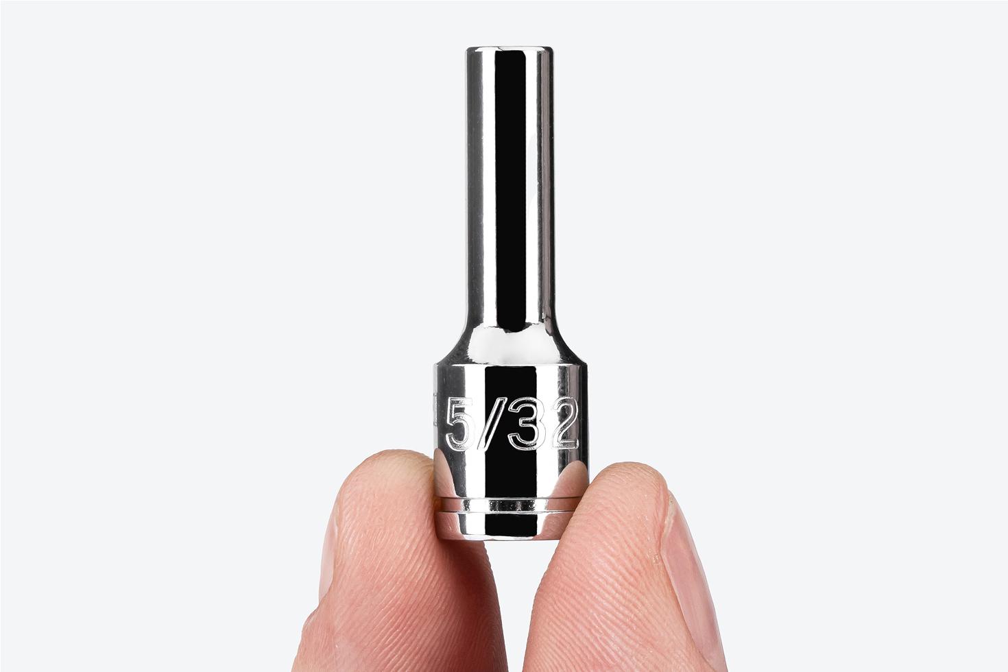 A hand holding a 5/32 inch semi-deep socket