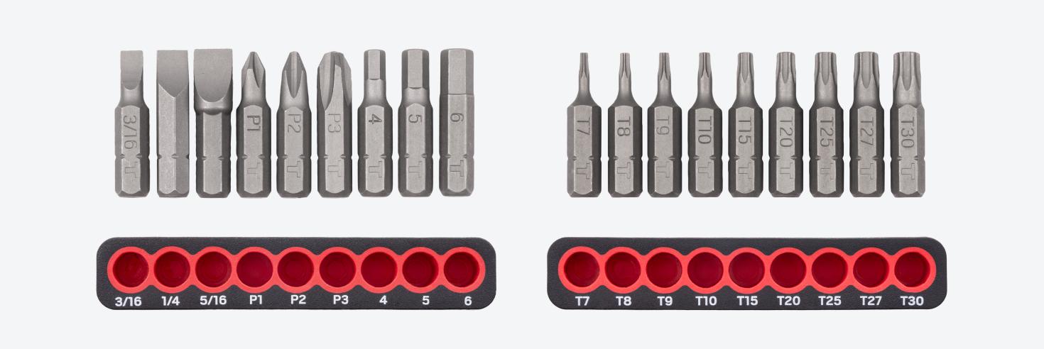 Set includes 3/16 - 5/16 in. (slotted), P1 - P3 (Phillips), 4 - 6 mm (hex), and T7 - T30 (star) bits