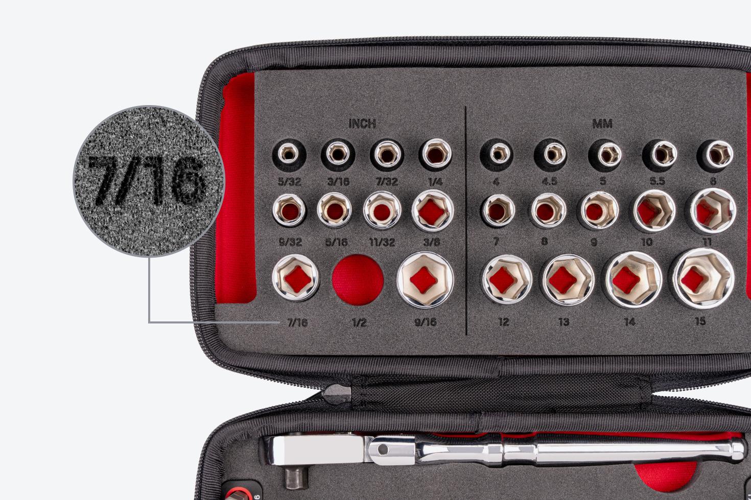 An open case with and inset photo showing an up-close view of the laser markings
