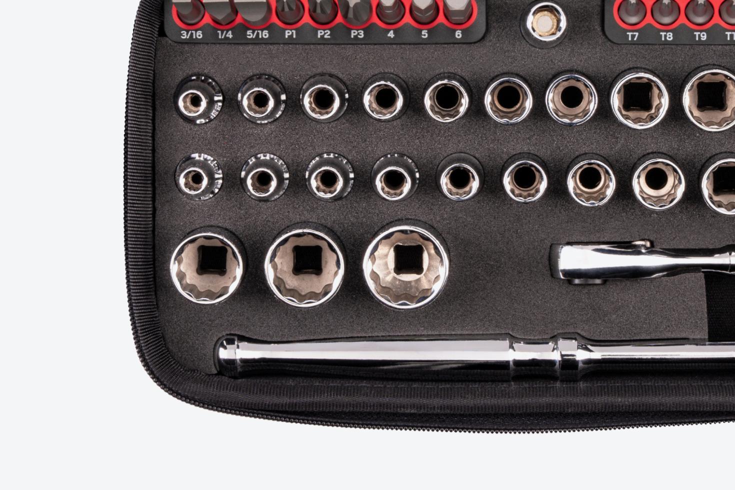 Inside of the case, showing bits, 12-point sockets, and ratchets