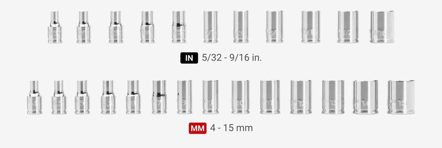 Set includes 5/32 - 9/16 inch and 4 - 15 mm 6-point sockets.