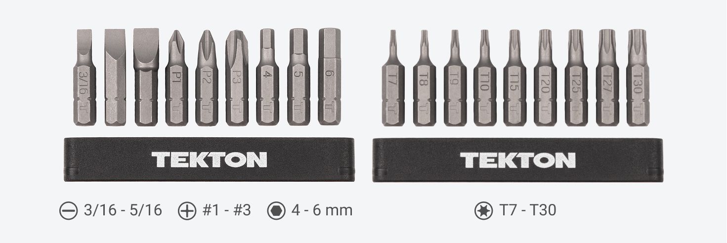 Set includes 3/16 - 5/16 in. (slotted), #1 - #3 (Phillips), 4 - 6 mm (hex), and T7 - T30 (star) bits.