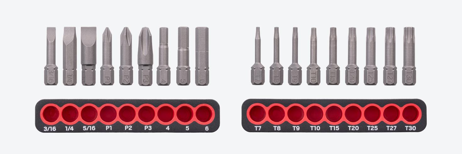 Set includes 3/16 - 5/16 in. (slotted), P1 - P3 (Phillips), 4 - 6 mm (hex), and T7 - T30 (star) bits