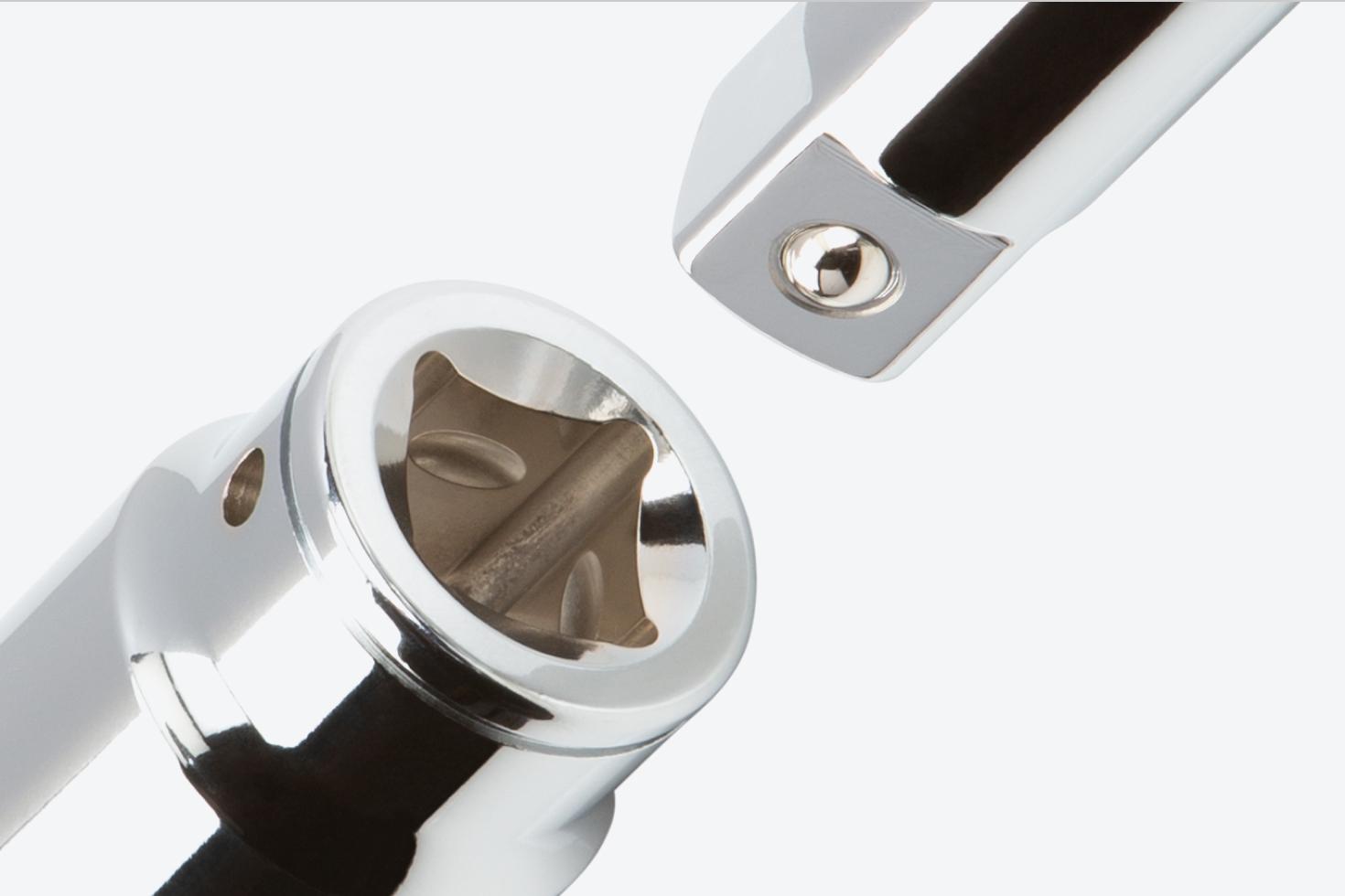 Image of the drive square end of a 3/4 inch drive socket, showing the detent grooves and beveled inner rims.