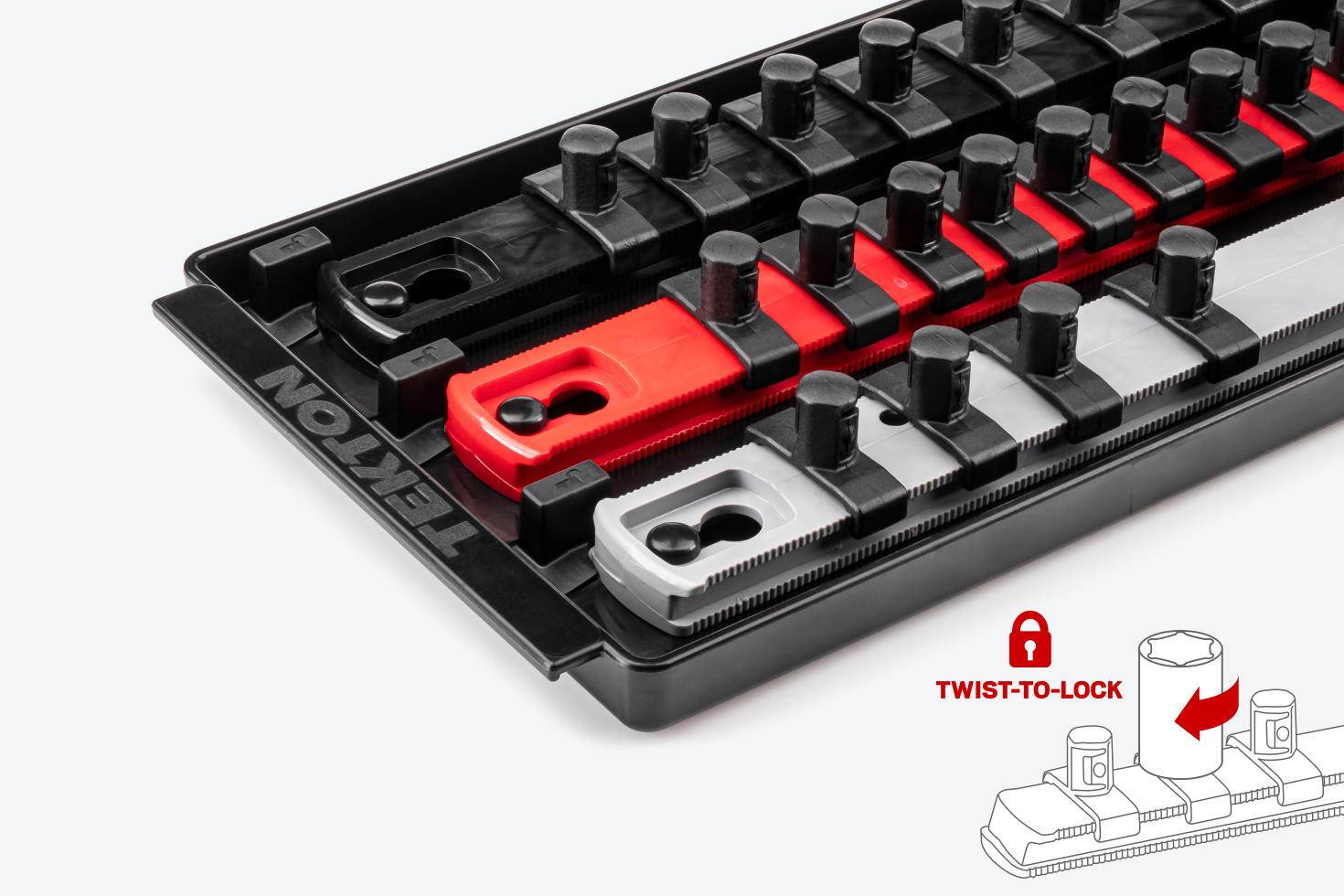 Tekton socket rails with a twist-to-lock graphic