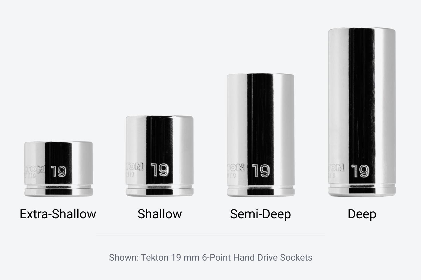 Image of Tekton 18 mm 6-Point Hand Drive Sockets in extra shallow, shallow, semi-deep, and deep lengths