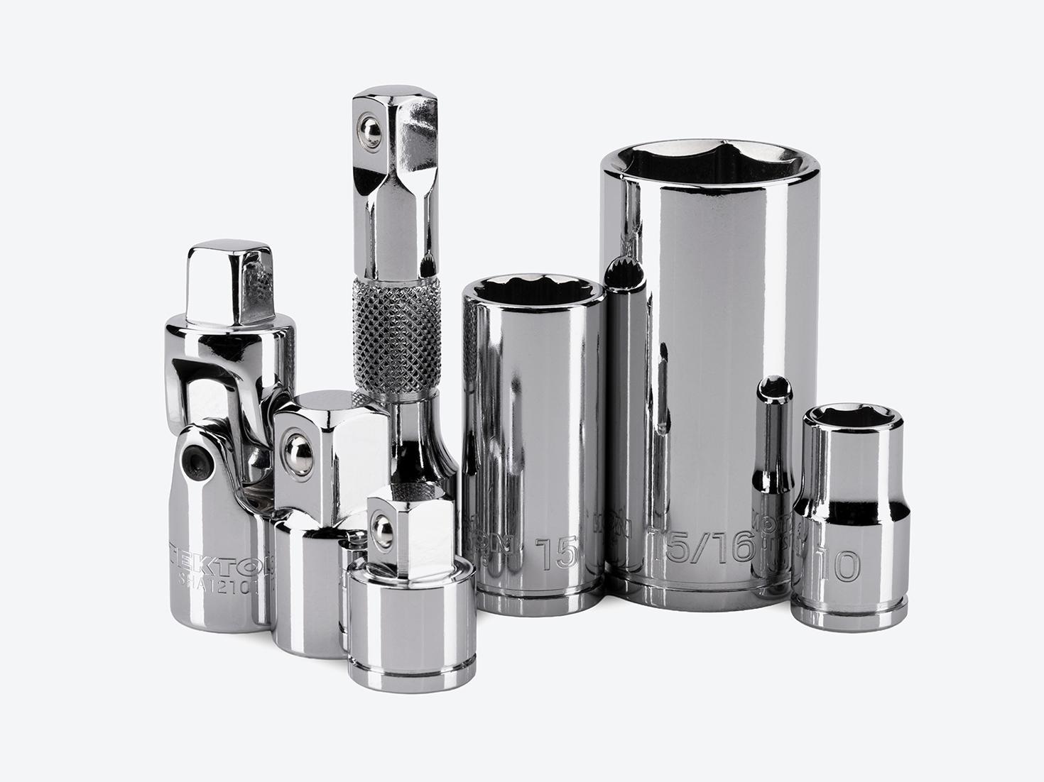 Tekton 3/8 inch drive sockets and accessories on a light gray background.
