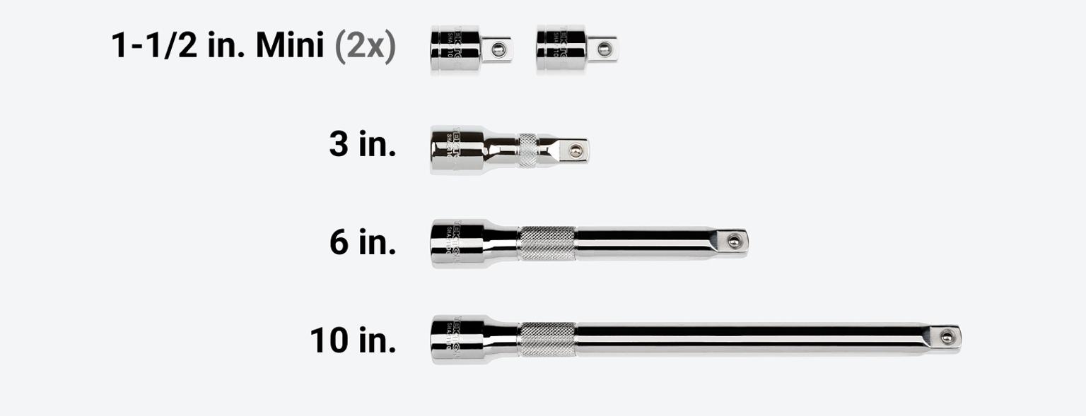 Set includes 1-1/2 (x2), 3, 6, and 10 inch extensions.