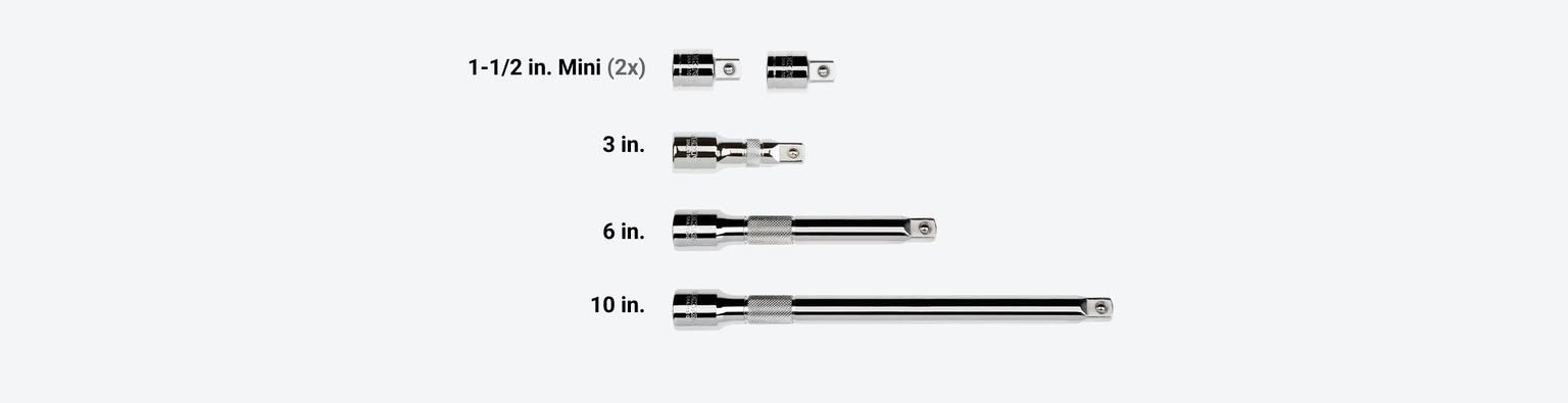 Set includes 1-1/2 (x2), 3, 6, and 10 inch extensions.