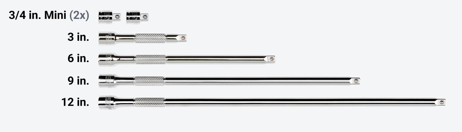 Set includes 3/4 (2x), 3, 6, 9, and 12 inch extensions.