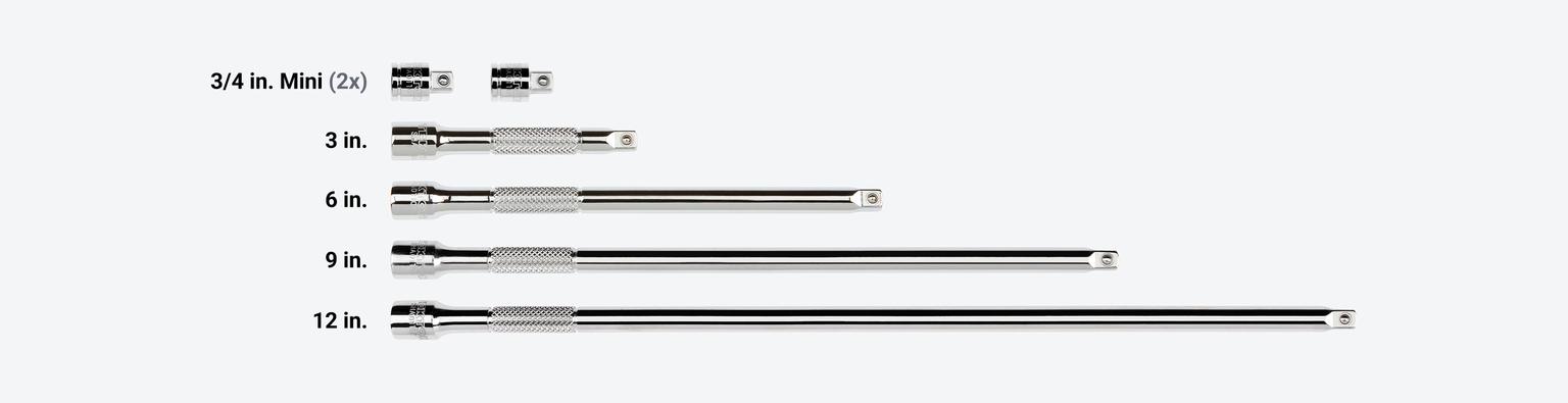 Set includes 3/4 (2x), 3, 6, 9, and 12 inch extensions.