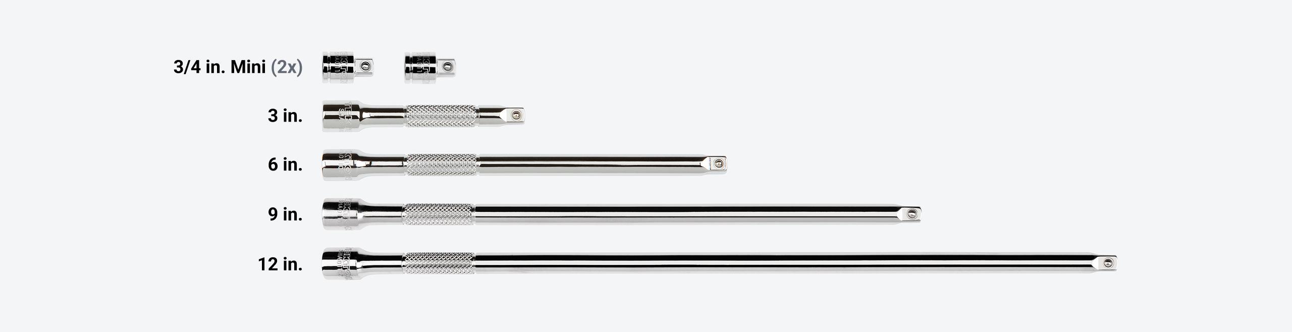 Set includes 3/4 (2x), 3, 6, 9, and 12 inch extensions.