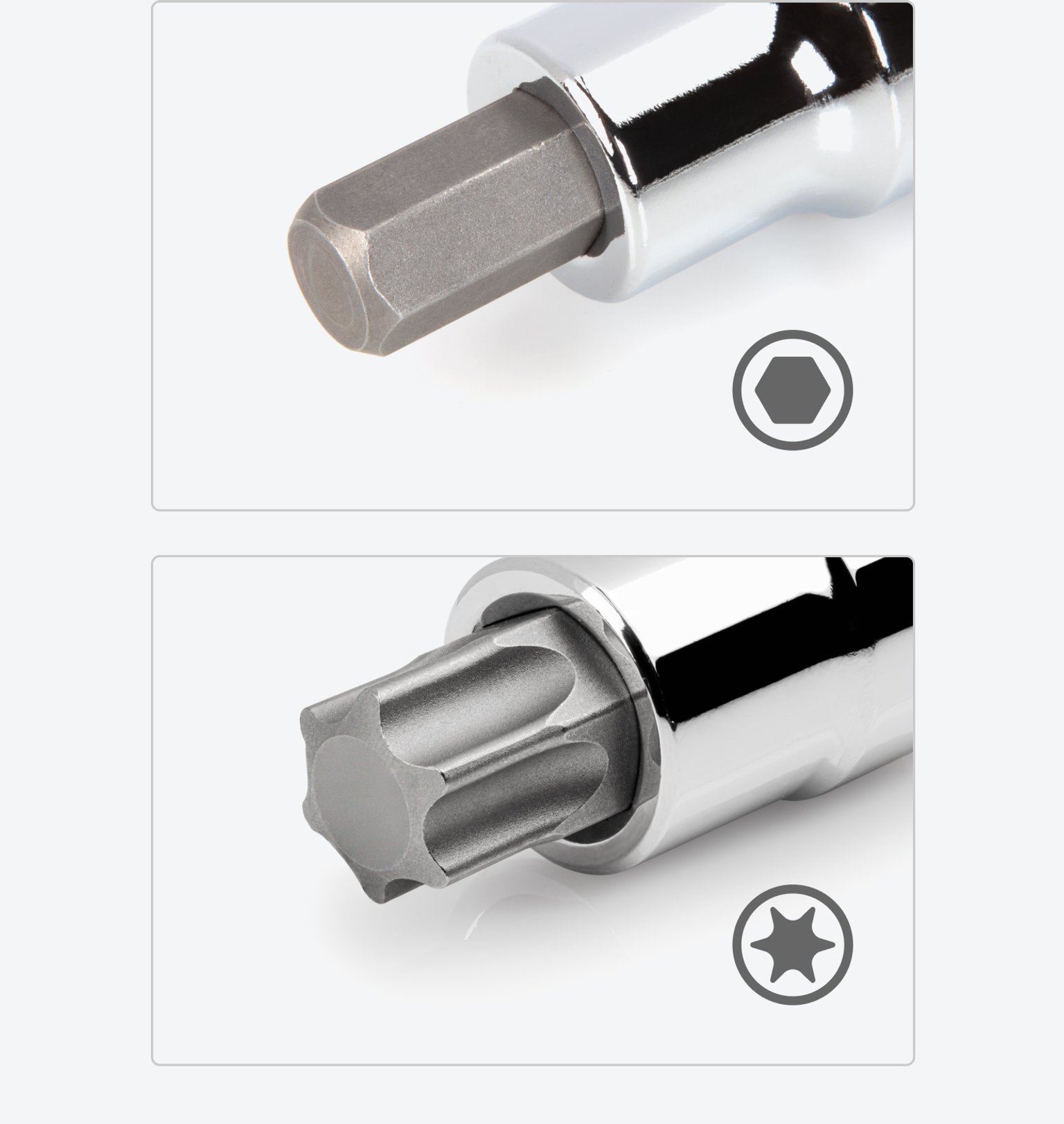 Close-up of the tip of a Tekton hex bit socket on the left and a Tekton Torx® bit socket on the right