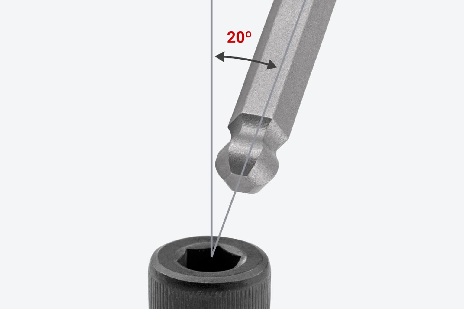 The ball end has a 20º angle to increase access