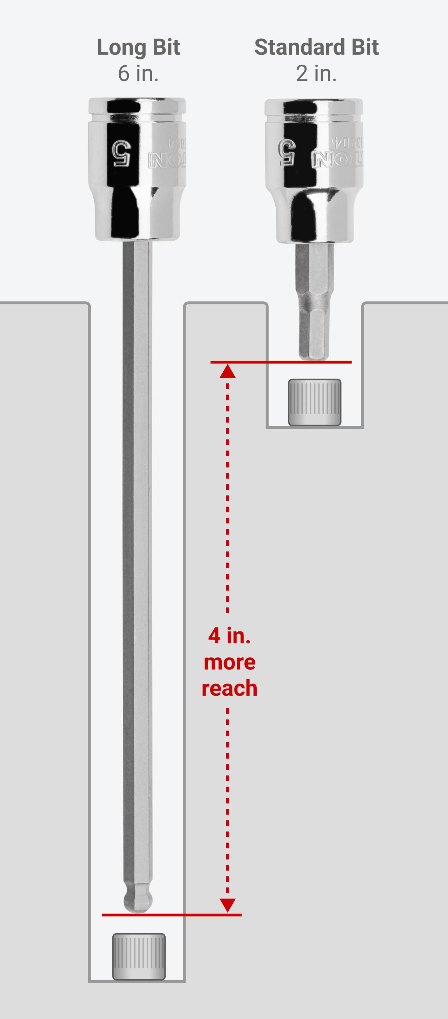 A 3/8 in. drive long ball end bit socket is 6 inches long and has 4 inches more reach than a standard bit socket, which is 2 inches long.