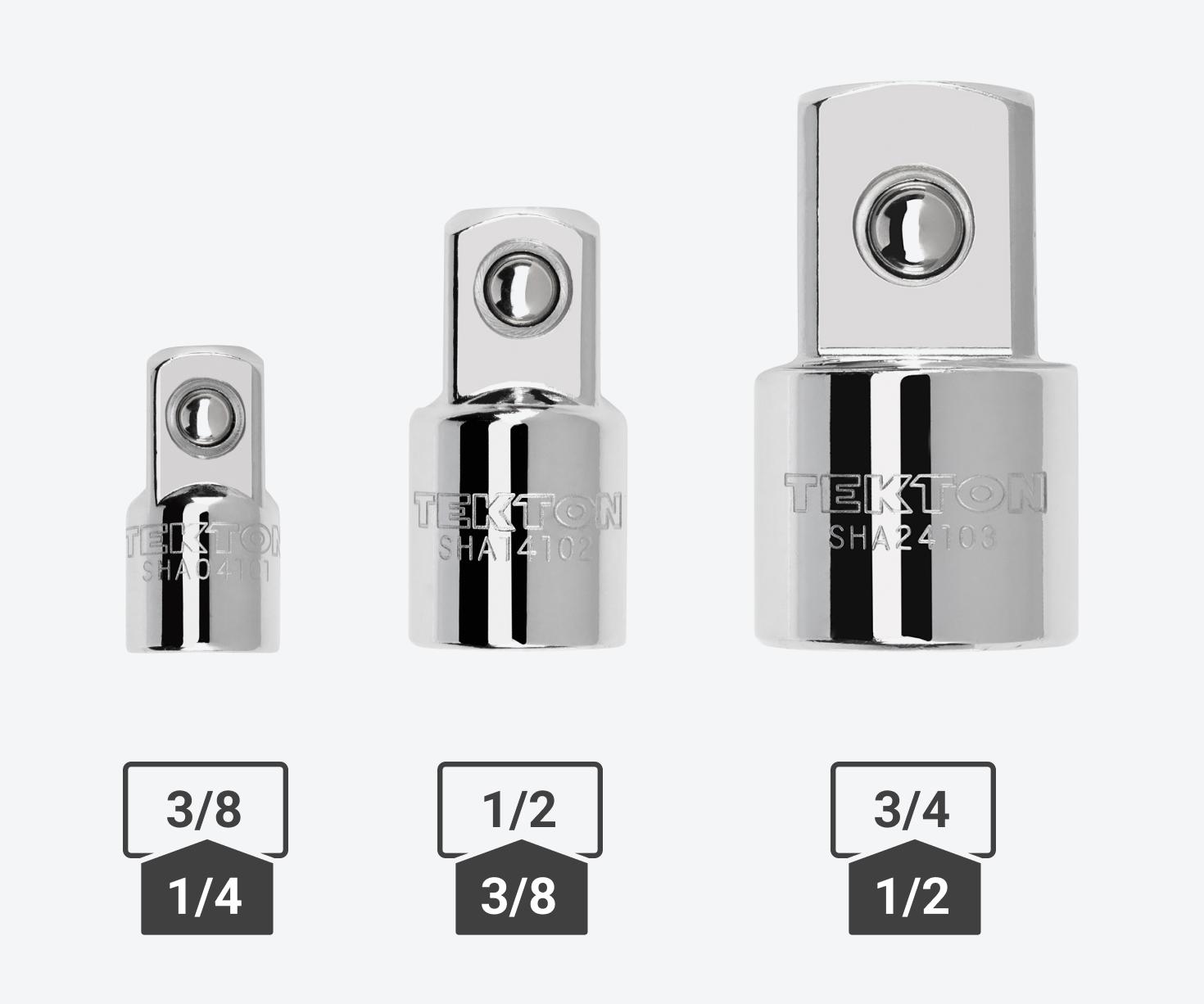 1/4 inch drive, 3/8 inch drive, and  1/2 inch drive adapters