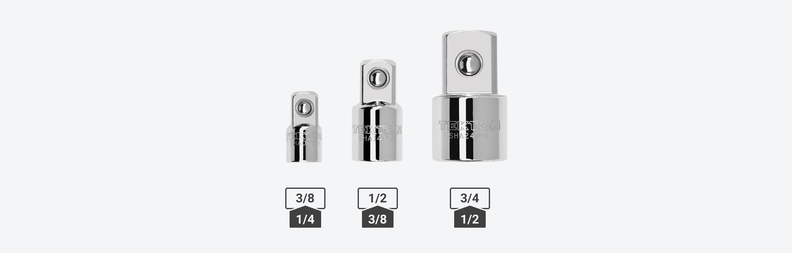 1/4 inch drive, 3/8 inch drive, and 1/2 inch drive adapters