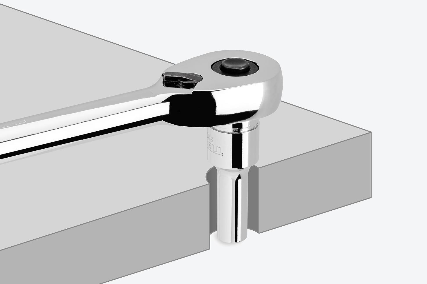 A semi-deep socket on a ratchet, with a graphic showing how the fully stepped shoulders help the socket reach into tight areas
