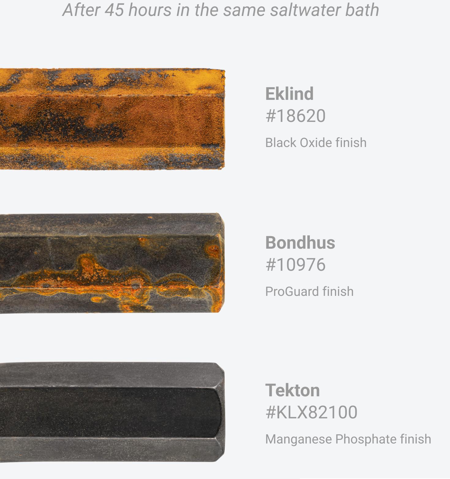 Corroded Eklind and Bondhus ball end hex keys next to Tekton's Key with corrosion-resistant finish.
