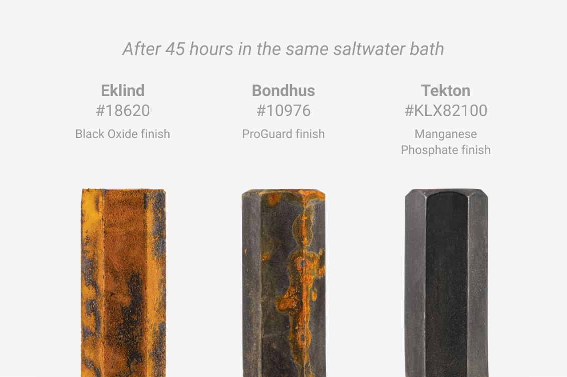 Corroded Eklind and Bondhus ball end hex keys next to Tekton's Key with corrosion-resistant finish.