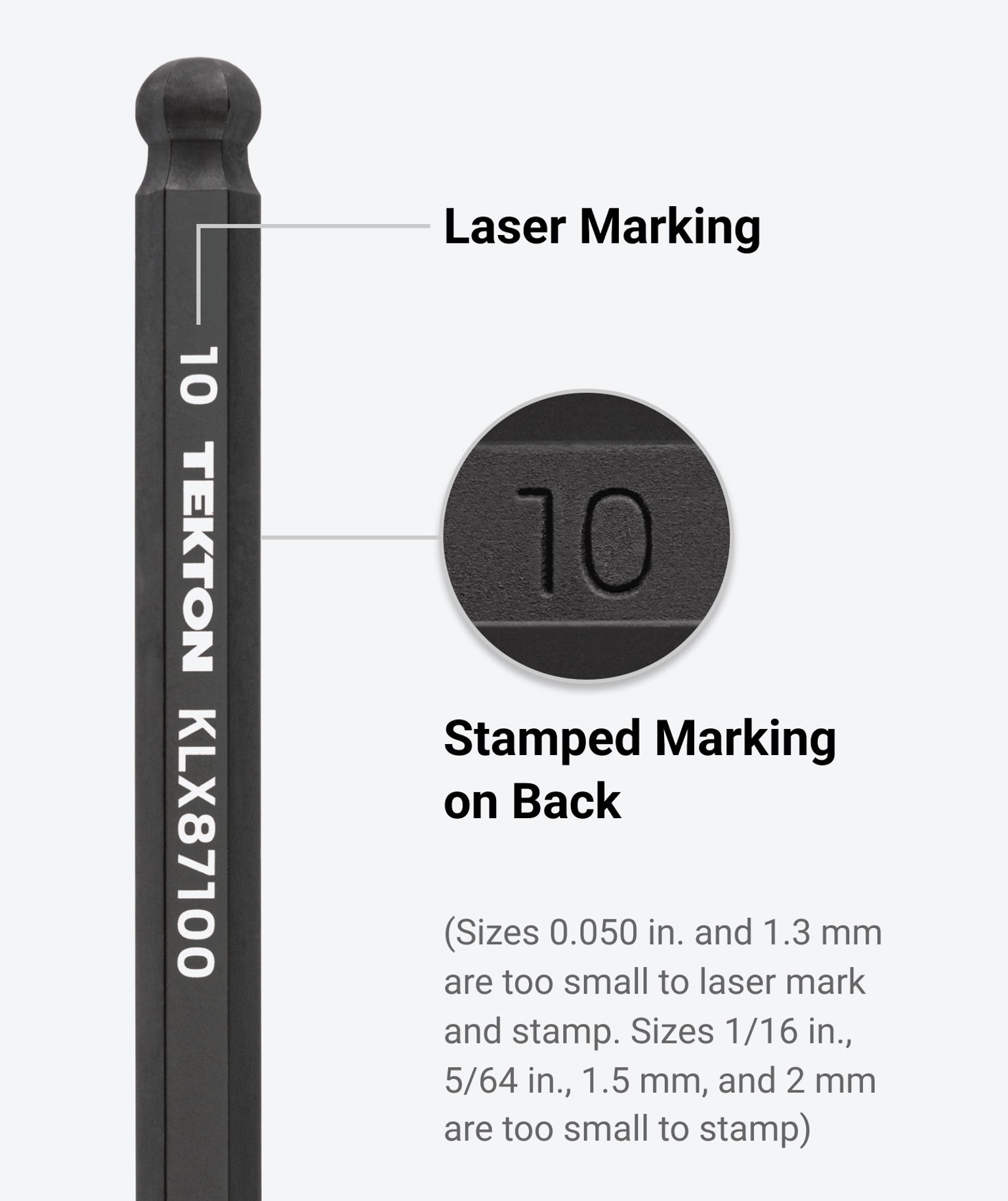 Tekton's short arm ball end hex key with laser marking and stamped sizes