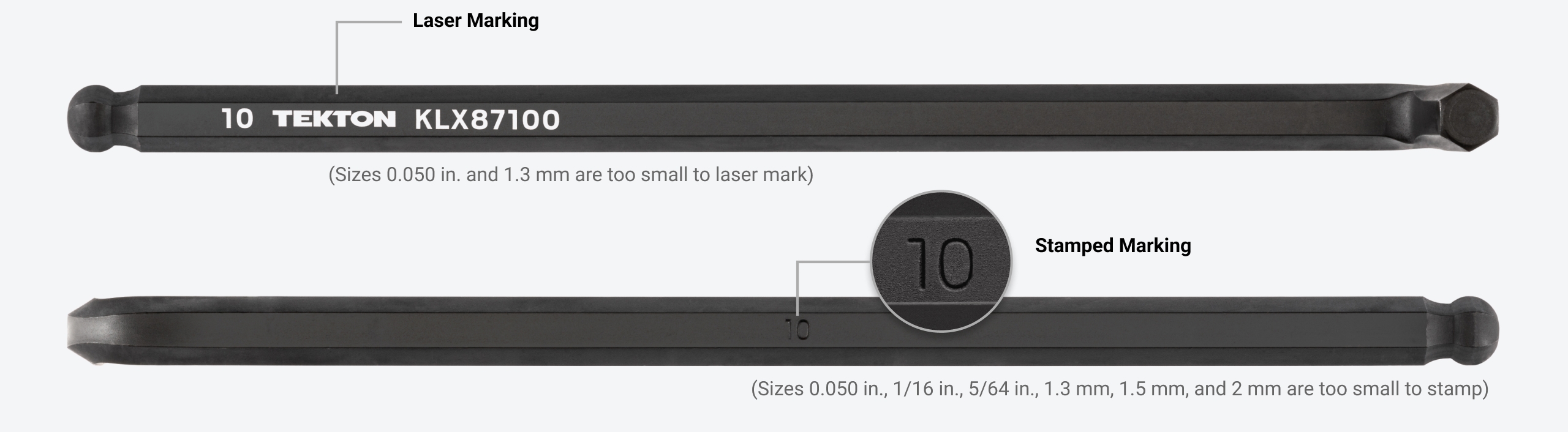 Tekton's short arm ball end hex key with laser marking and stamped sizes