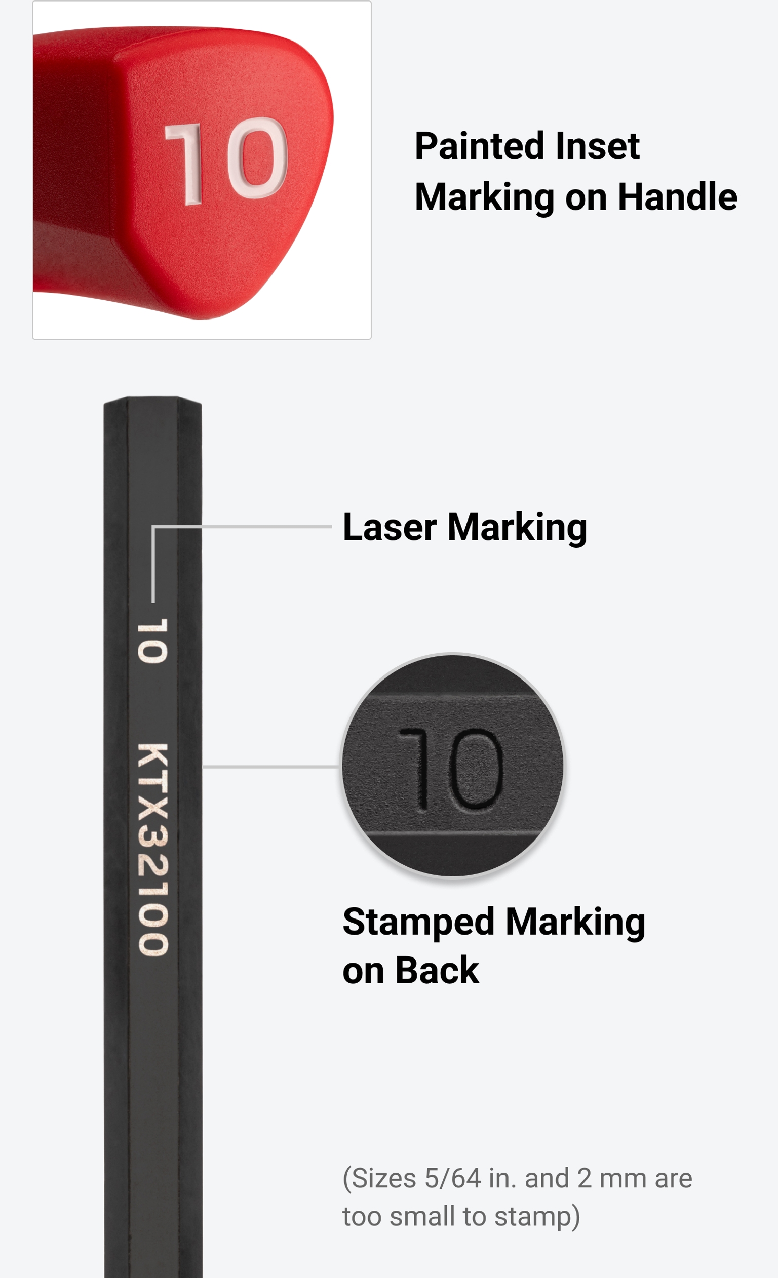 Tekton's T-handle ball end hex key with painted inset marking, laser marking, and stamped sizes