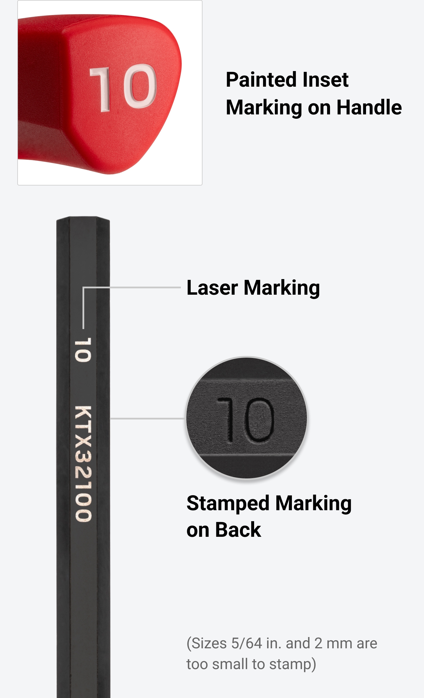 Tekton's T-handle ball end hex key with painted inset marking, laser marking, and stamped sizes