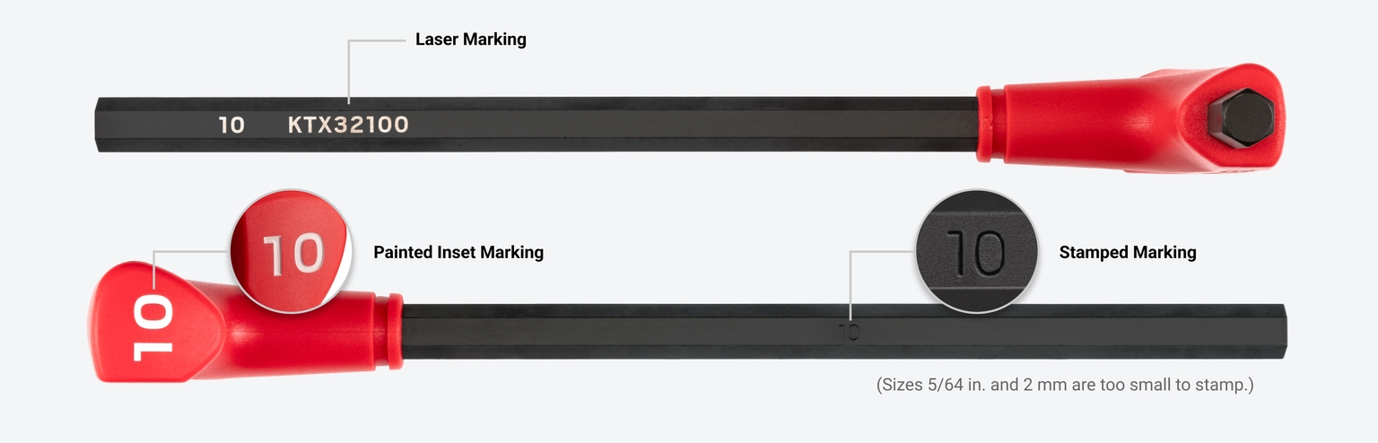 Tekton's T-handle ball end hex key with painted inset marking, laser marking, and stamped sizes