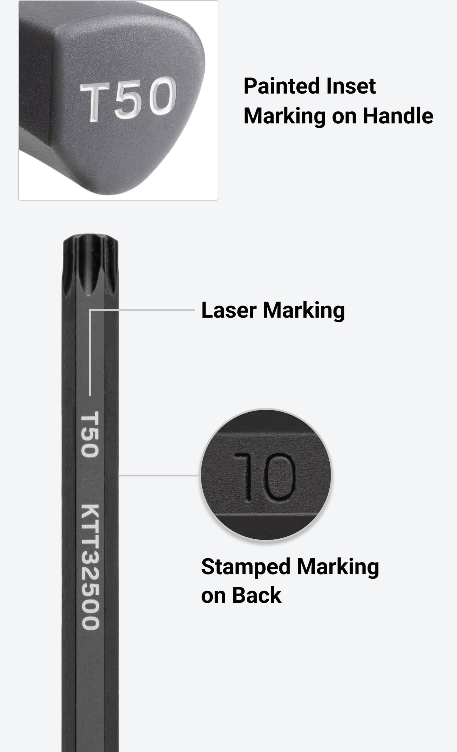 Tekton's T-handle ball end hex key with painted inset marking, laser marking, and stamped sizes