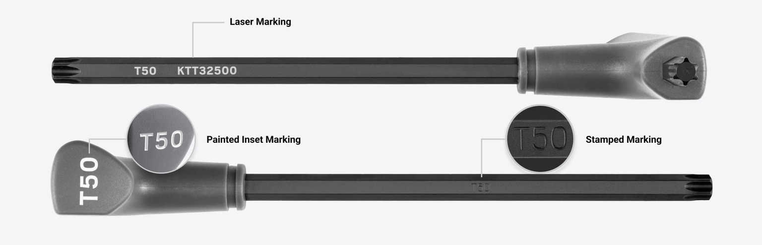 Tekton's T-handle ball end hex key with painted inset marking, laser marking, and stamped sizes