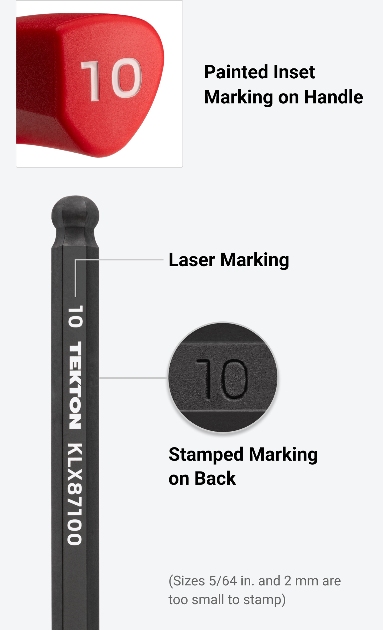 Tekton's T-handle ball end hex key with painted inset marking, laser marking, and stamped sizes